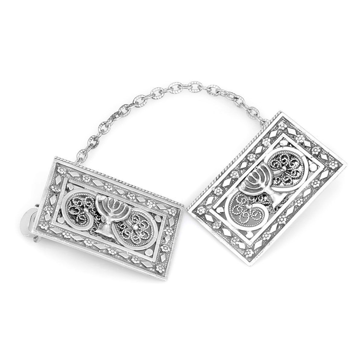 Traditional Yemenite Art Handcrafted Sterling Silver Tallit Clips With Menorah Design - 1