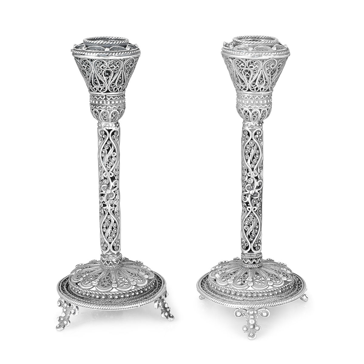 Traditional Yemenite Art Large Handcrafted Sterling Silver Shabbat Candlesticks With Filigree Design - 1