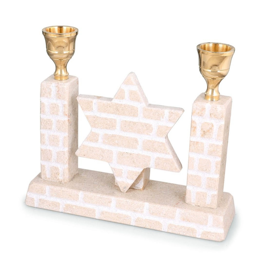 White Jerusalem Stone Star of David Candlesticks - 1