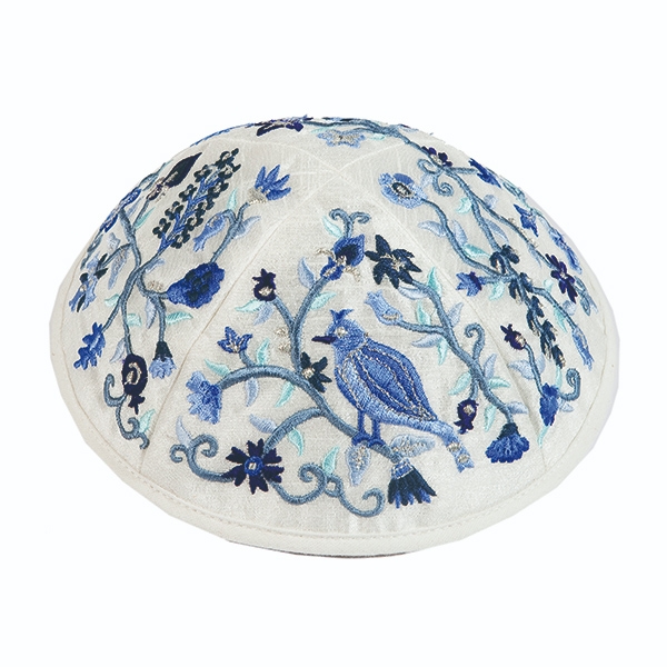 Yair Emanuel Embroidered Silk Kippah -Birds & Flowers (Blue) - 1