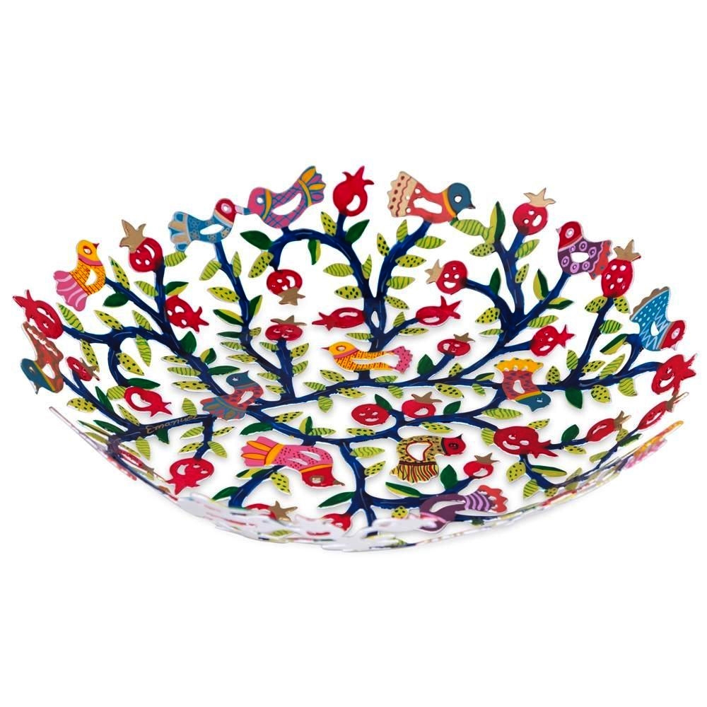 Yair Emanuel Hand Painted Laser Cut Bowl - Birds and Pomegranates - 1