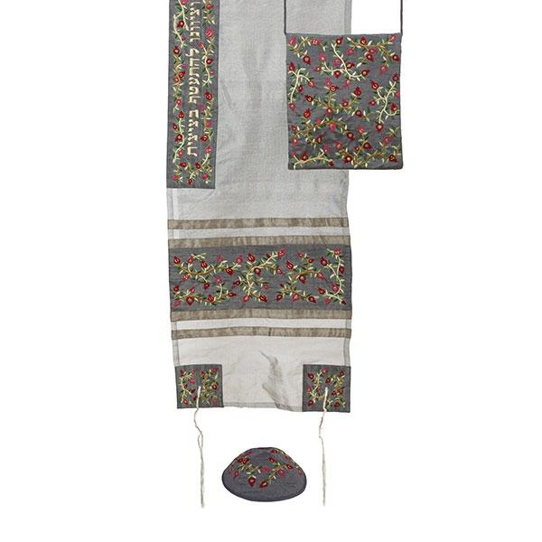 Yair Emanuel 'Tallisack' Grey Embroidered Pomegranate Tallit with Matching Bag & Kippah - 1
