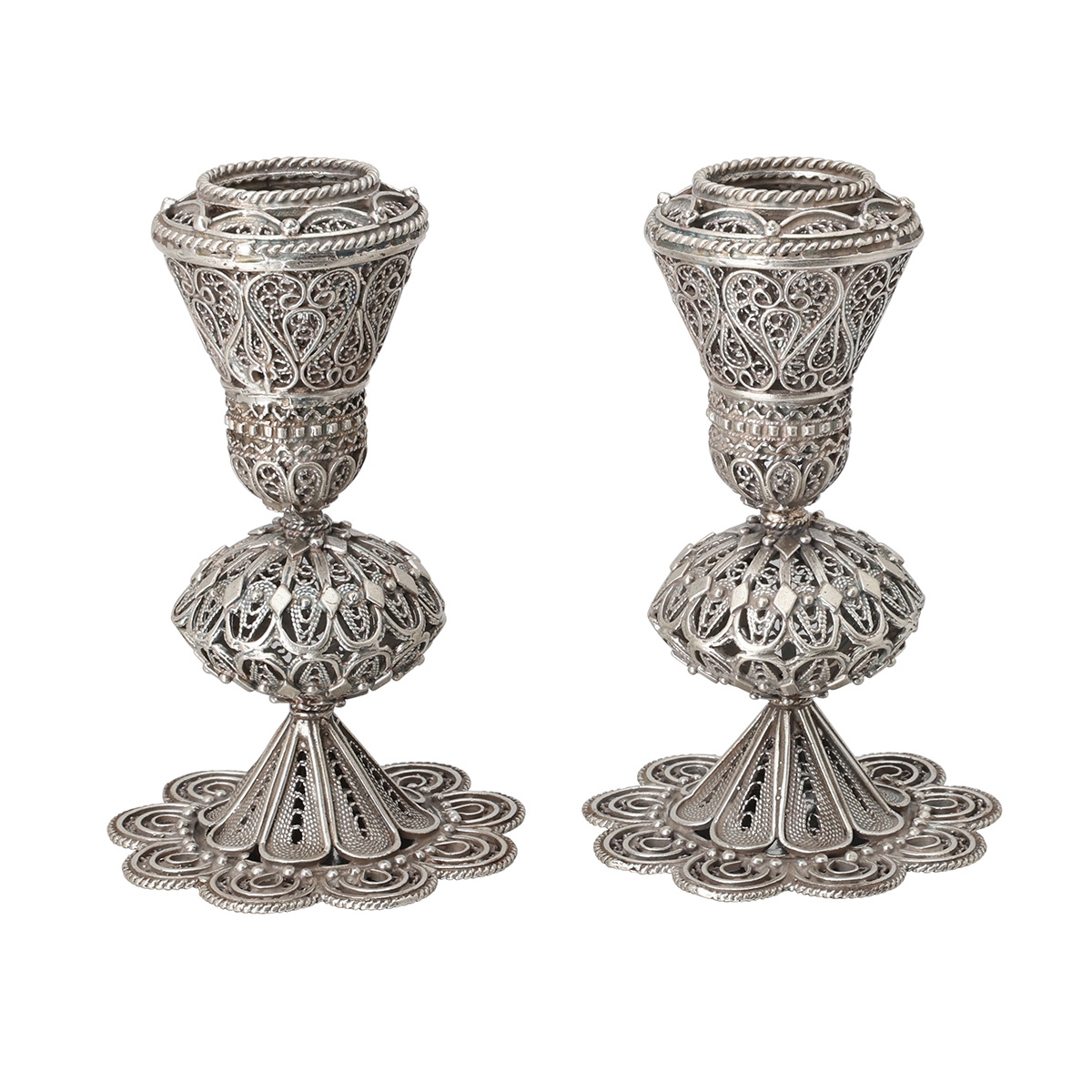 Traditional Yemenite Art Large Handcrafted Sterling Silver Shabbat Candle Holders and Filigree Design - 1