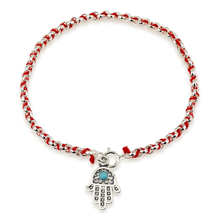 Red String Silver Hamsa Bracelet with Blue Gem Stone - 1