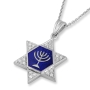 14K White Gold Star and Enamel Star of David Necklace with Menorah and Diamond Points - 1