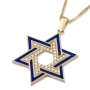 Grand 14K Yellow Gold and Blue Enamel Interlocking Star of David Pendant Necklace With Cubic Zirconia Stones - 2