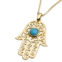 14K Yellow Gold Filigreed Hamsa Pendant Necklace With Turquoise Stone - 1