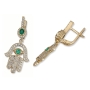 14K Yellow Gold Evil Eye Hamsa Diamond Earrings with Emerald Stones - 2