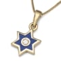 14K Yellow Gold Star of David Pendant Necklace with Blue Enamel and Diamond  - 1