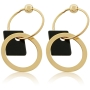 18K Yellow Gold Double Ring Earrings with Black Gemstones - 2