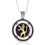 925 Sterling Silver & 9K Lion of Judah Disc Pendant with Onyx Stone Border - 1