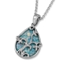 925 Sterling Silver Floral Tear Drop Roman Glass Necklace - 1