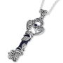 925 Sterling Silver Key Necklace with Leaf Pattern, Lapis & Iolite Stone - 1