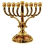 Elegant Enameled and Jeweled Pewter Menorah - Brown with Emerald Crystals - 1
