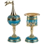 Enameled and Jeweled Havdallah Spice Tower and Candle Holder - Jerusalem - Turquoise with Sapphire Crystals - 1