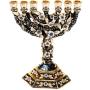 Blue Enameled Pewter Menorah with Sapphire Crystals - Flowers - 1