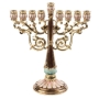 Enameled and Jeweled Pewter Brown Menorah with Emerald Crystals - Swirls - 1