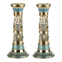  Enameled and Jeweled Pewter Candlesticks - Jerusalem -  Turquoise with Sapphire Crystals - 1