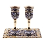 Enameled and Jeweled Pewter Candlesticks and Tray - Flowers (Blue) - 1