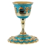 Enameled and Jeweled Pewter Kiddush Cup with Stem and Saucer - Jerusalem - Turquoise with Sapphire Crystals - 1