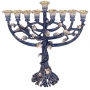  Enameled and Jeweled Pewter Menorah - Flowers and Vines on Tree (Turquoise) - 1