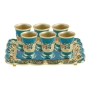 Enameled and Jeweled Pewter Set of 6 Kiddush/Liqueur Cups with Tray - Jerusalem (Turquoise) - 1
