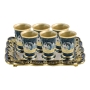  Enameled and Jeweled Pewter Set of 6 Kiddush/Liqueur Cups with Tray - Jerusalem (Blue) - 1