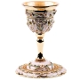 Enameled and Jeweled Stemmed Pewter Kiddush Cup and Saucer - Flowers - Ivory and Amber - 1