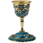 Enameled and Jeweled Stemmed Pewter Kiddush Cup and Saucer - Flowers - Turquoise with Sapphire Crystals - 1