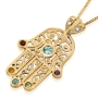 Hamsa: 14K Gold Filigree Pendant Necklace with Diamonds & Gemstones - 3
