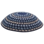 Knitted Blue Kippah with Gray, Brown and Green Design - 1