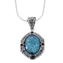 Oval Roman Glass Necklace with Jeweled Sterling Silver Floral Frame - 1