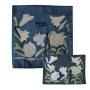 Raw Silk Appliqued Matzah Cover and Afikoman Bag Set-Flowers (Blue) - 1