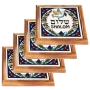 Set of 4 Olive Wood & Armenian Ceramic Coasters - Shalom - 1