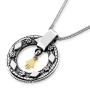 Silver Open Disk with Hanging Gold Hamsa Pendant  - 2