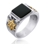 Silver and Onyx Ring with Golden Star of David and Menorah - 2