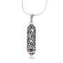 Sterling Silver  Filigree Mezuzah Necklace with Ruby Stones - 3