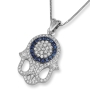 Anbinder Jewelry 14K White Gold Intricate Diamond Hamsa Pendant with Halo of Sapphire Stones - 1