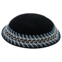 Knitted Black Kippah with Blue and Tan Border - 1