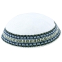 Knitted White Kippah with Gray and Green Border - 1