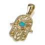 14K Gold Filigree Hamsa Pendant Necklace with Blue Opal Stone - 4