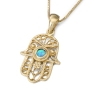 14K Gold Filigree Hamsa Pendant Necklace with Blue Opal Stone - 2