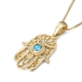 14K Gold Filigree Hamsa Pendant Necklace with Blue Opal Stone - 3