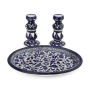 Armenian Ceramics Shabbat Candlesticks Set With Floral Design - Blue - 3