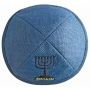 Blue Linen Kippah with Jerusalem Menorah Embroidery - 17cm - 1