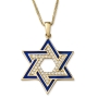 Grand 14K Yellow Gold and Blue Enamel Interlocking Star of David Pendant Necklace With Cubic Zirconia Stones - 3
