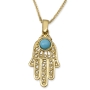 Large 14K Yellow Gold Filigree Hamsa Pendant Necklace With Turquoise Stone - 3