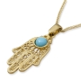 Large 14K Yellow Gold Filigree Hamsa Pendant Necklace With Turquoise Stone - 4