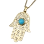 14K Yellow Gold Filigreed Hamsa Pendant Necklace With Turquoise Stone - 3