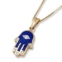 14K Gold and Blue Enamel Hamsa Pendant Necklace with Diamond Fingers and Evil Eye - 1